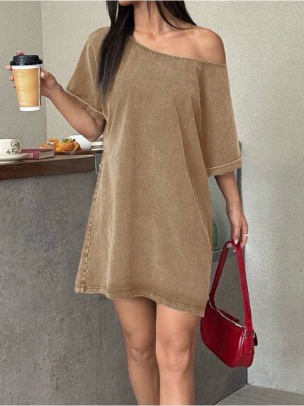 Casual off One-Shoulder Brown Mini t shirt Dress